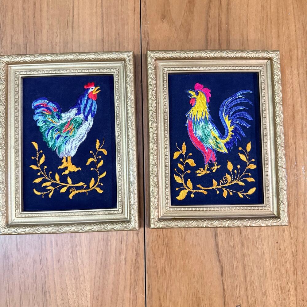 Vintage Embroidered Rooster Chicken Velvet Framed Set Needle Painters Guild